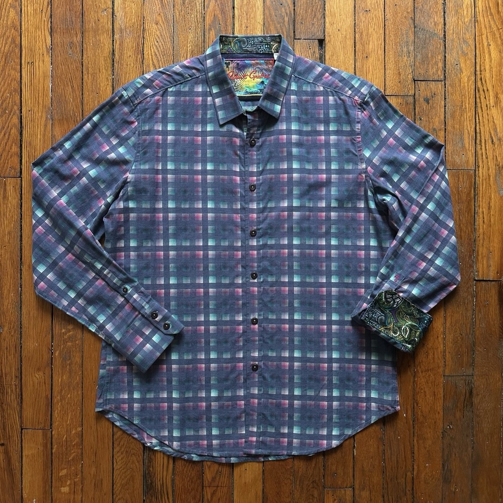 Robert Graham NEERAV Plaid Multicolor Paisley Flip‎ Cuff Shirt Men L Trippy Pop